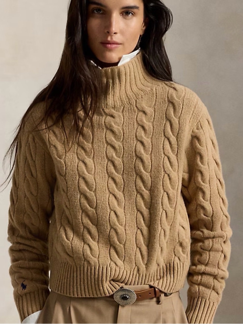 Polo Ralph Lauren Wool-Cashemere Cable-Knit Mock Neck Sweater in Camel